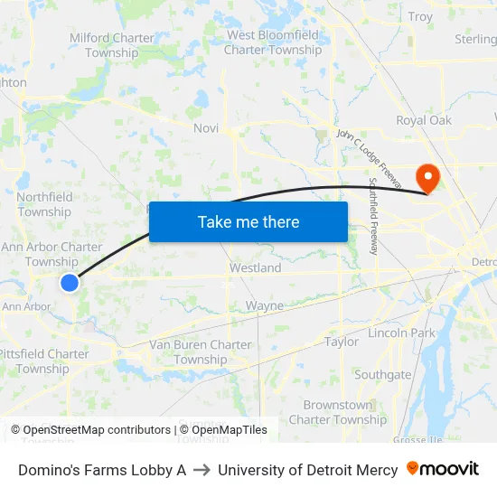Domino's Farms Lobby A to University of Detroit Mercy map