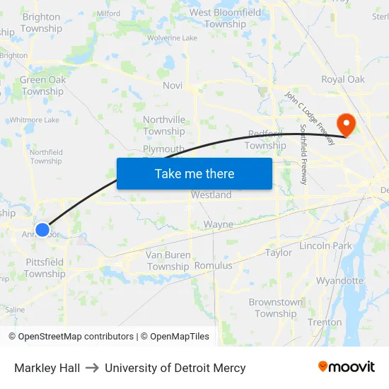 Markley Hall to University of Detroit Mercy map