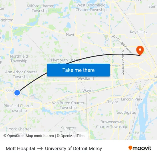 Mott Hospital to University of Detroit Mercy map