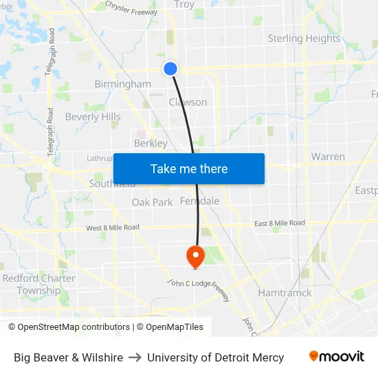 Big Beaver & Wilshire to University of Detroit Mercy map