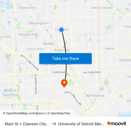 Main St + Clawson City H to University of Detroit Mercy map