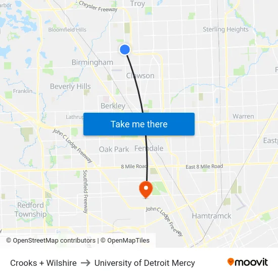Crooks & Wilshire to University of Detroit Mercy map
