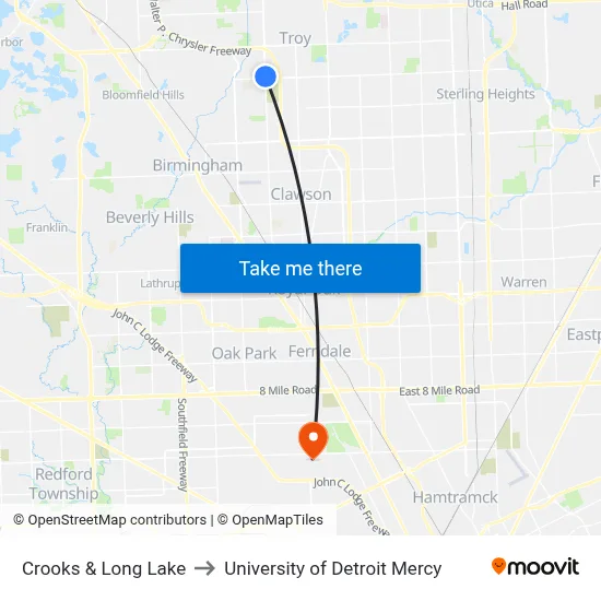 Crooks & Long Lake to University of Detroit Mercy map