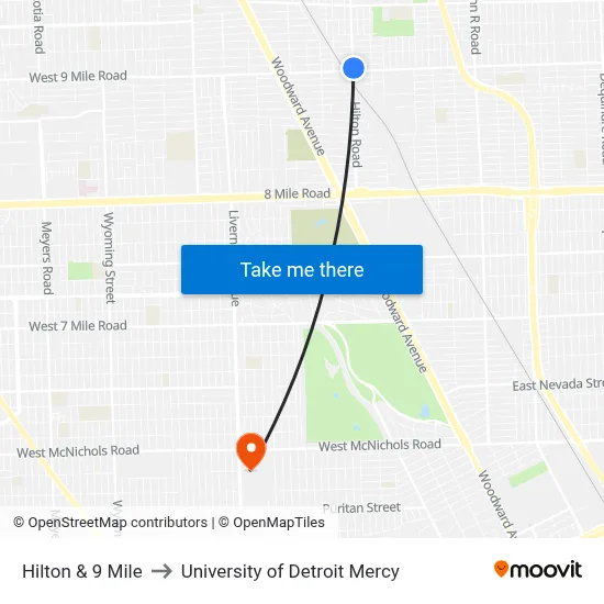 Hilton & 9 Mile to University of Detroit Mercy map