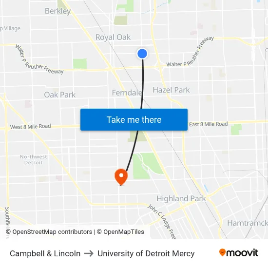 Campbell & Lincoln to University of Detroit Mercy map