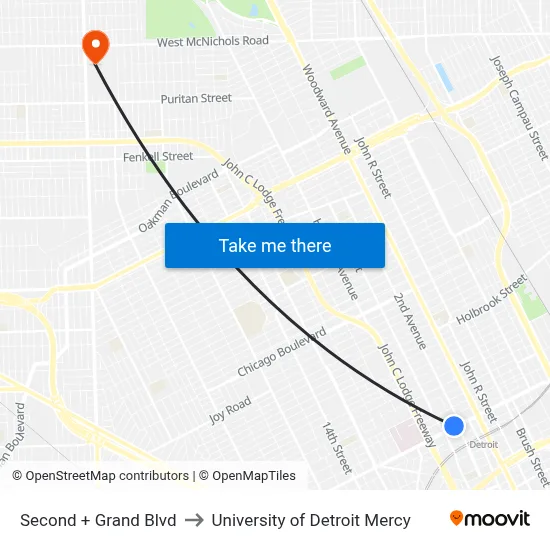 Second + Grand Blvd to University of Detroit Mercy map