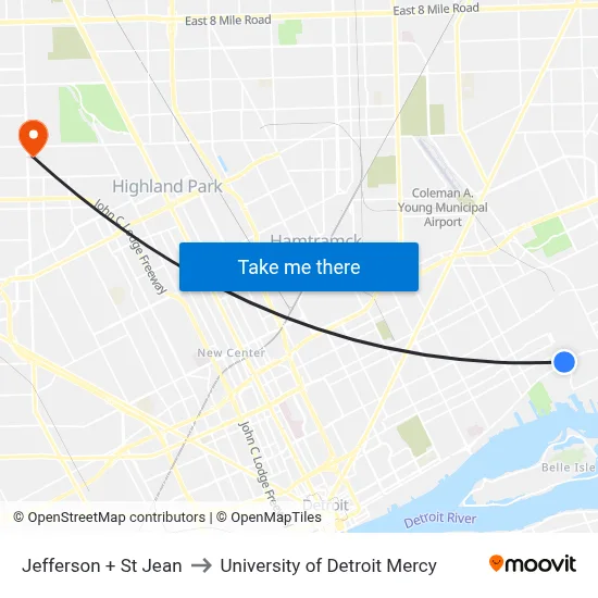 Jefferson + St Jean to University of Detroit Mercy map