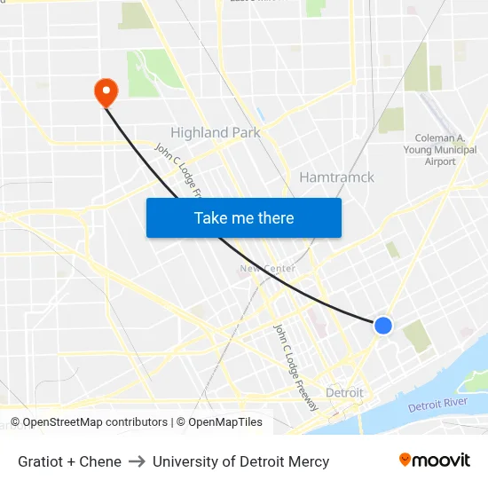 Gratiot + Chene to University of Detroit Mercy map