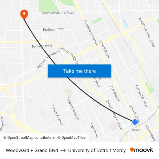 Woodward + Grand Blvd to University of Detroit Mercy map