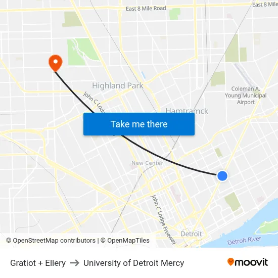 Gratiot + Ellery to University of Detroit Mercy map