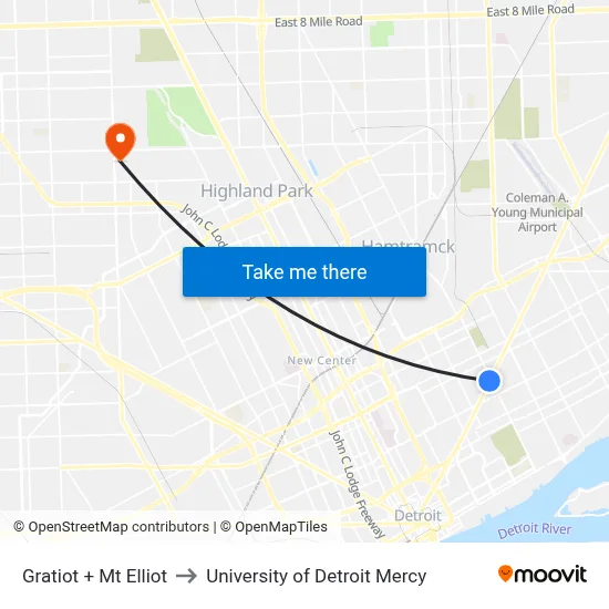Gratiot + Mt Elliot to University of Detroit Mercy map