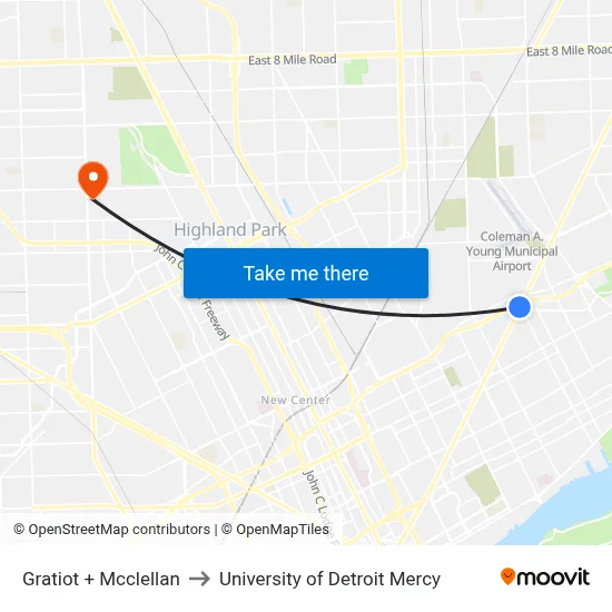 Gratiot + Mcclellan to University of Detroit Mercy map