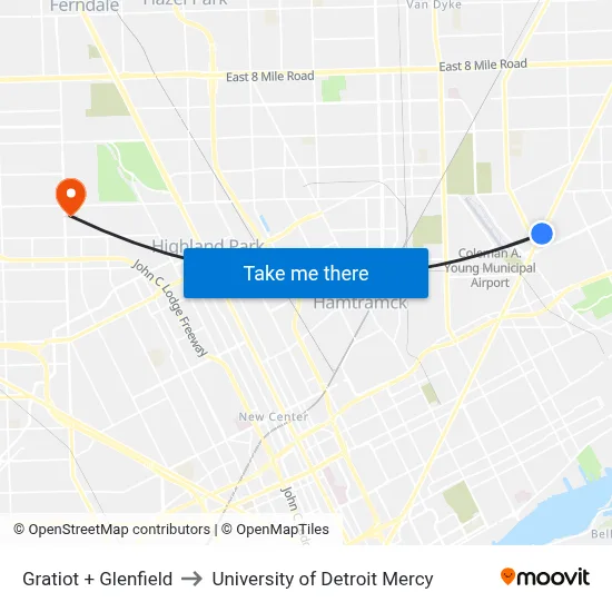 Gratiot + Glenfield to University of Detroit Mercy map