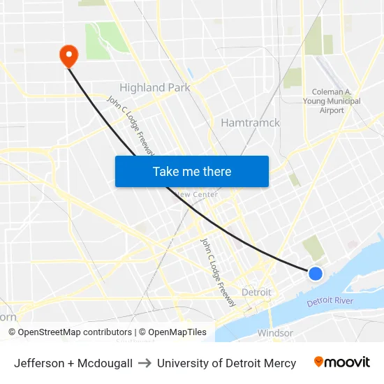 Jefferson + Mcdougall to University of Detroit Mercy map