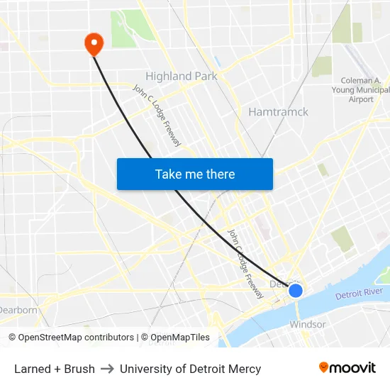 Larned + Brush to University of Detroit Mercy map