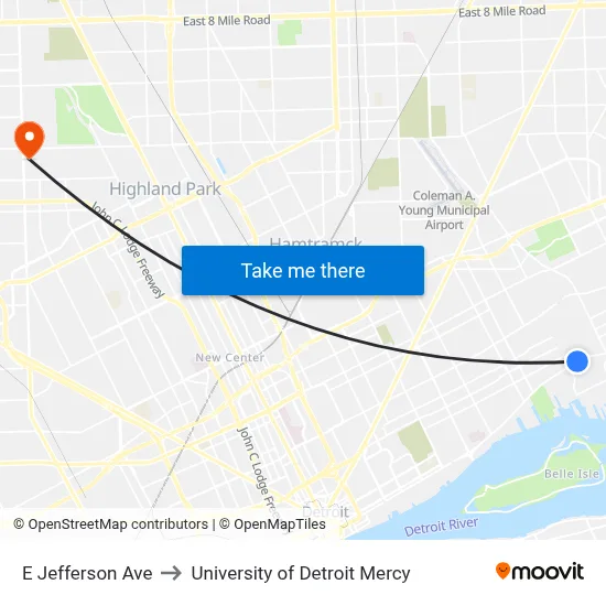 E Jefferson Ave to University of Detroit Mercy map