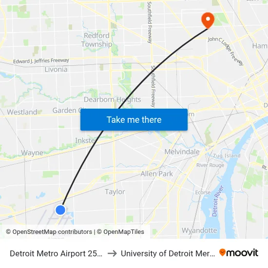 Detroit Metro Airport 2588 to University of Detroit Mercy map