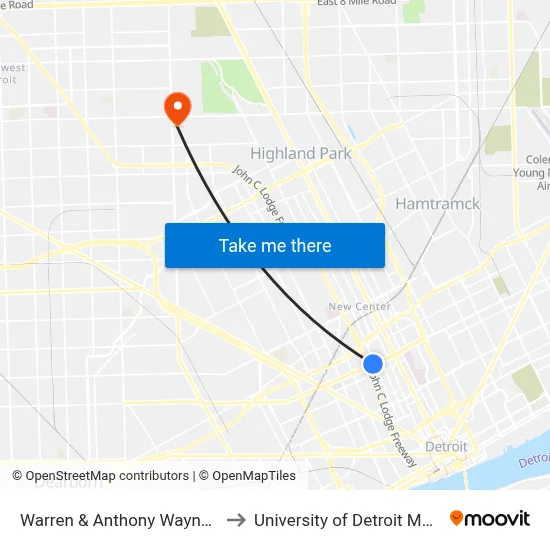 Warren & Anthony Wayne Dr to University of Detroit Mercy map