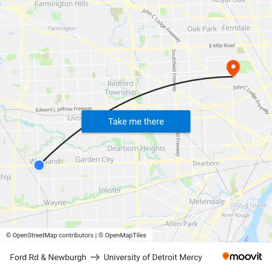 Ford & Newburgh to University of Detroit Mercy map