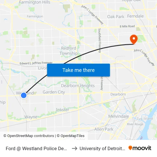 Ford @ Westland Police Department to University of Detroit Mercy map