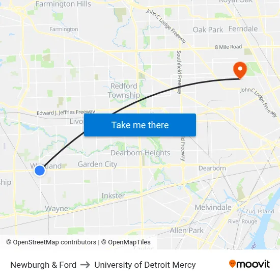 Newburgh & Ford to University of Detroit Mercy map