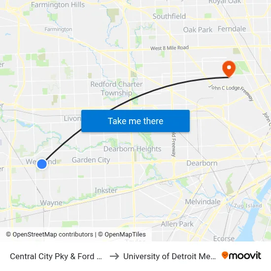 Central City Pky & Ford NW to University of Detroit Mercy map