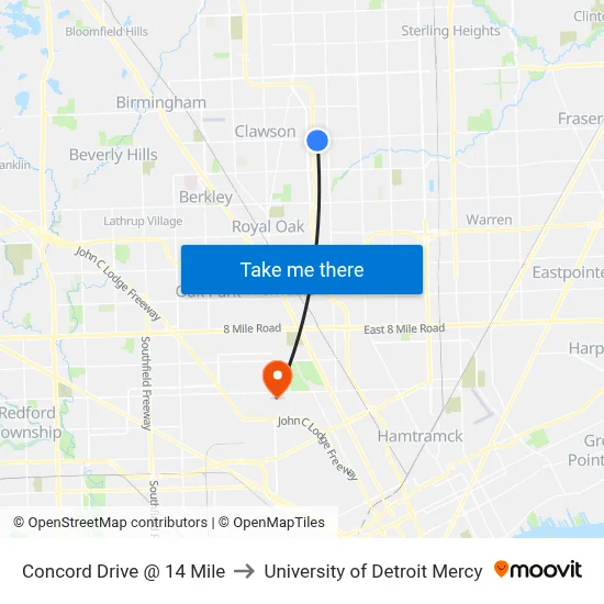 Concord Drive @ 14 Mile to University of Detroit Mercy map