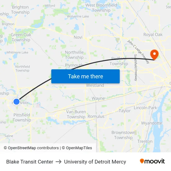 Blake Transit Center to University of Detroit Mercy map