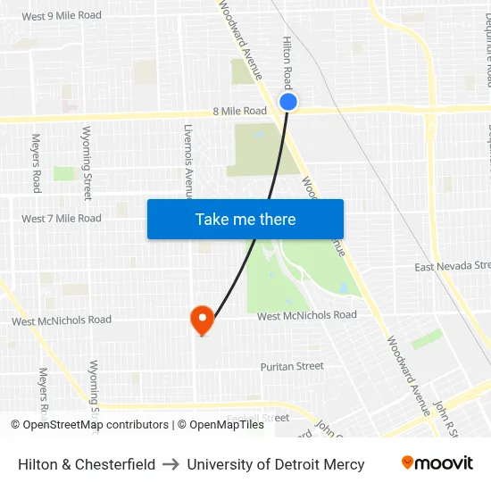 Hilton & Chesterfield to University of Detroit Mercy map