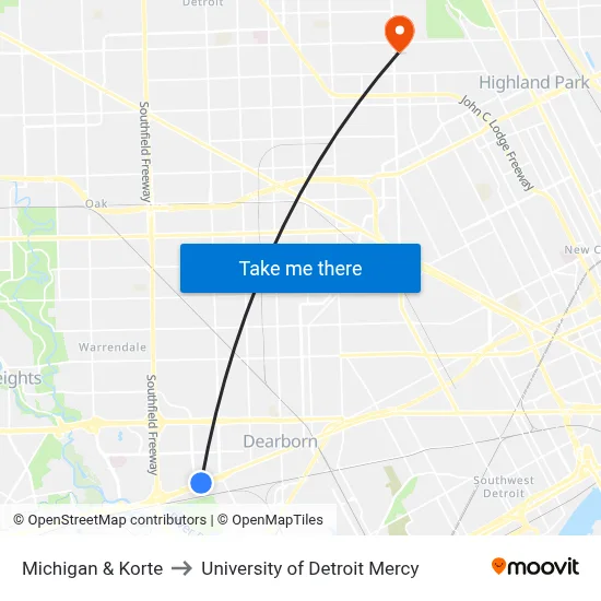Michigan & Korte to University of Detroit Mercy map