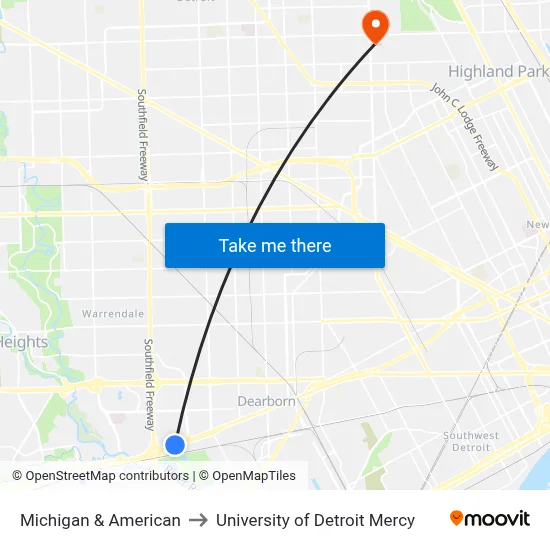 Michigan & American to University of Detroit Mercy map