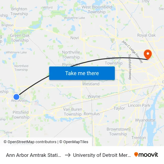 Ann Arbor Amtrak Station to University of Detroit Mercy map