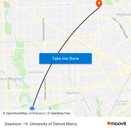 Dearborn to University of Detroit Mercy map
