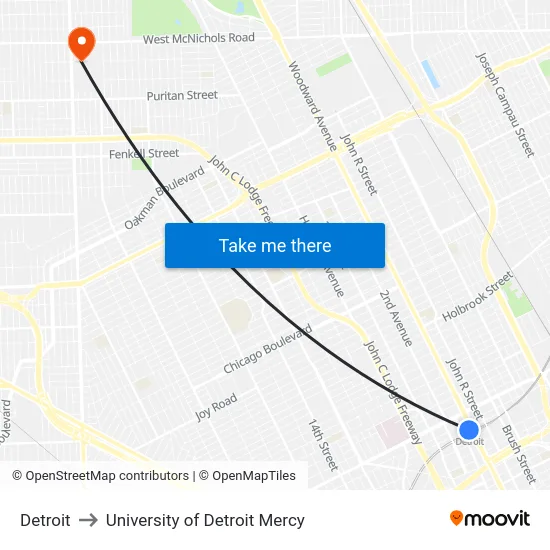 Detroit to University of Detroit Mercy map