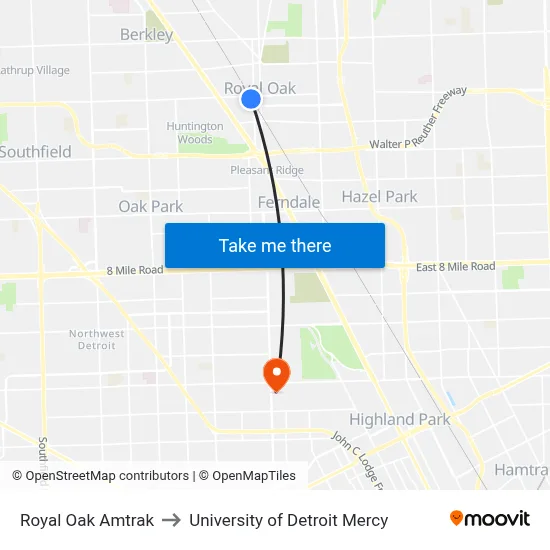 Royal Oak Amtrak to University of Detroit Mercy map