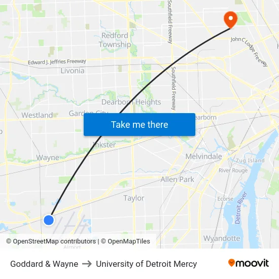 Goddard & Wayne to University of Detroit Mercy map