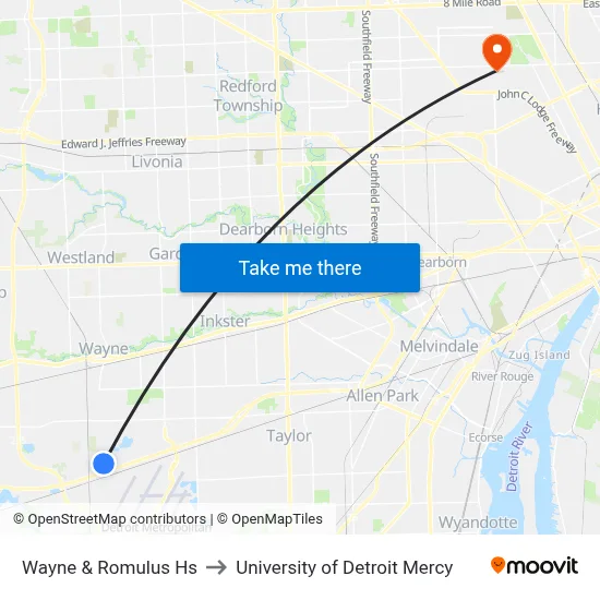 Wayne & Romulus Hs to University of Detroit Mercy map