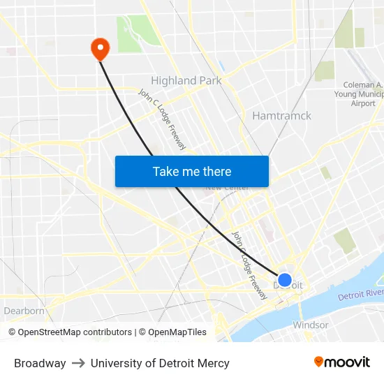 Broadway to University of Detroit Mercy map