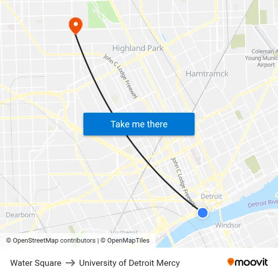 Water Square to University of Detroit Mercy map