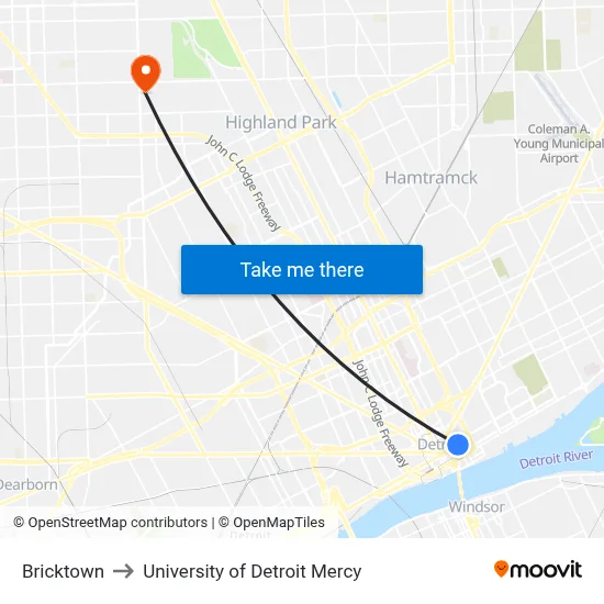 Bricktown to University of Detroit Mercy map