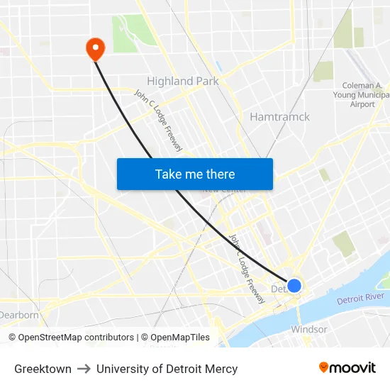 Greektown to University of Detroit Mercy map