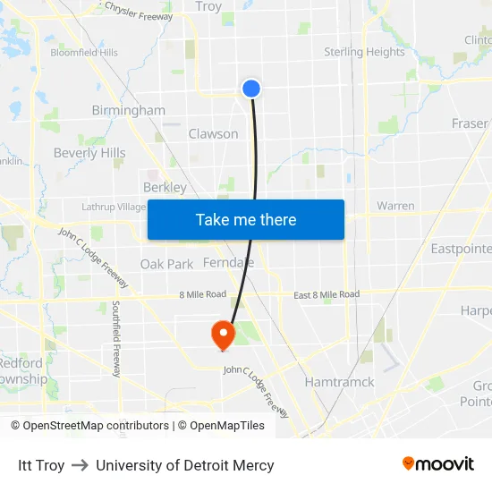 Itt Troy to University of Detroit Mercy map