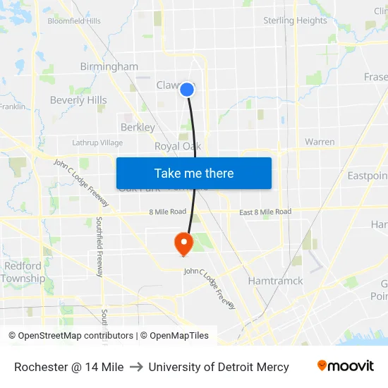 Rochester @ 14 Mile to University of Detroit Mercy map