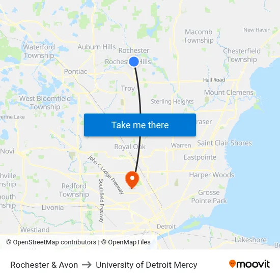 Rochester & Avon to University of Detroit Mercy map