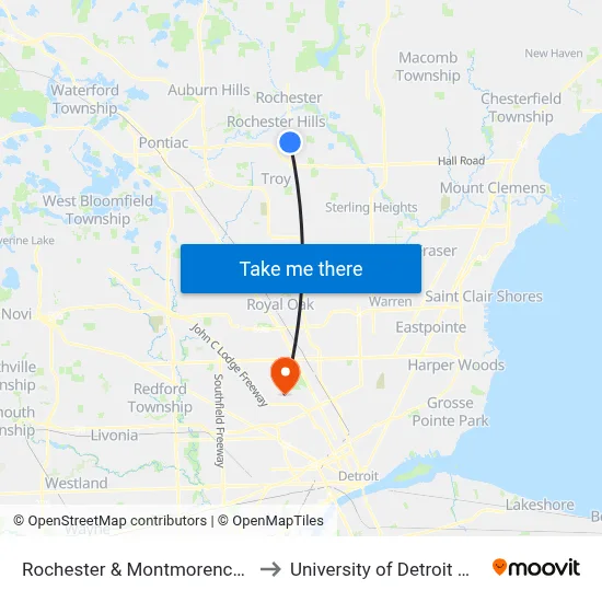 Rochester & Montmorency (Sb) to University of Detroit Mercy map