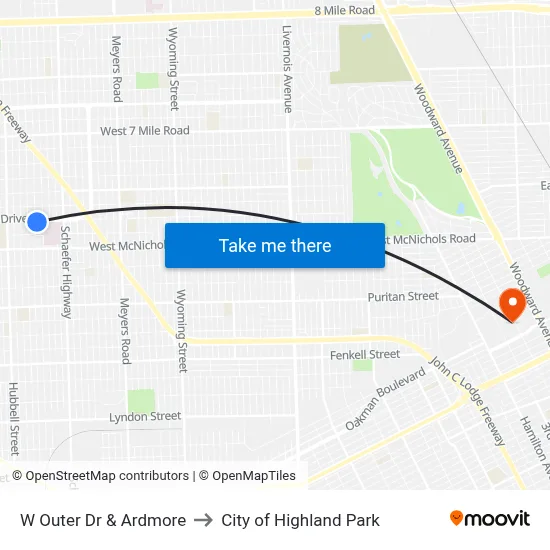 W Outer Dr & Ardmore to City of Highland Park map