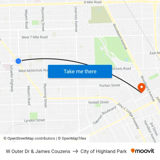 W Outer Dr & James Couzens to City of Highland Park map