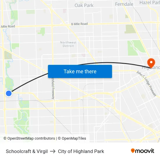 Schoolcraft & Virgil to City of Highland Park map