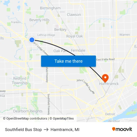 Southfield Bus Stop to Hamtramck, MI map