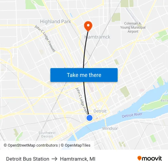 Detroit Bus Station to Hamtramck, MI map